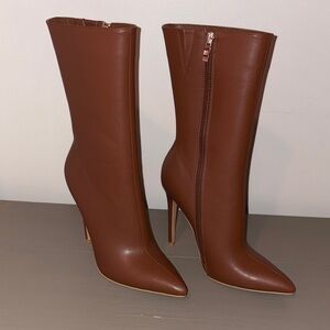 London Rag Micah women's stiletto high ankle boots in a brown/cognac color.